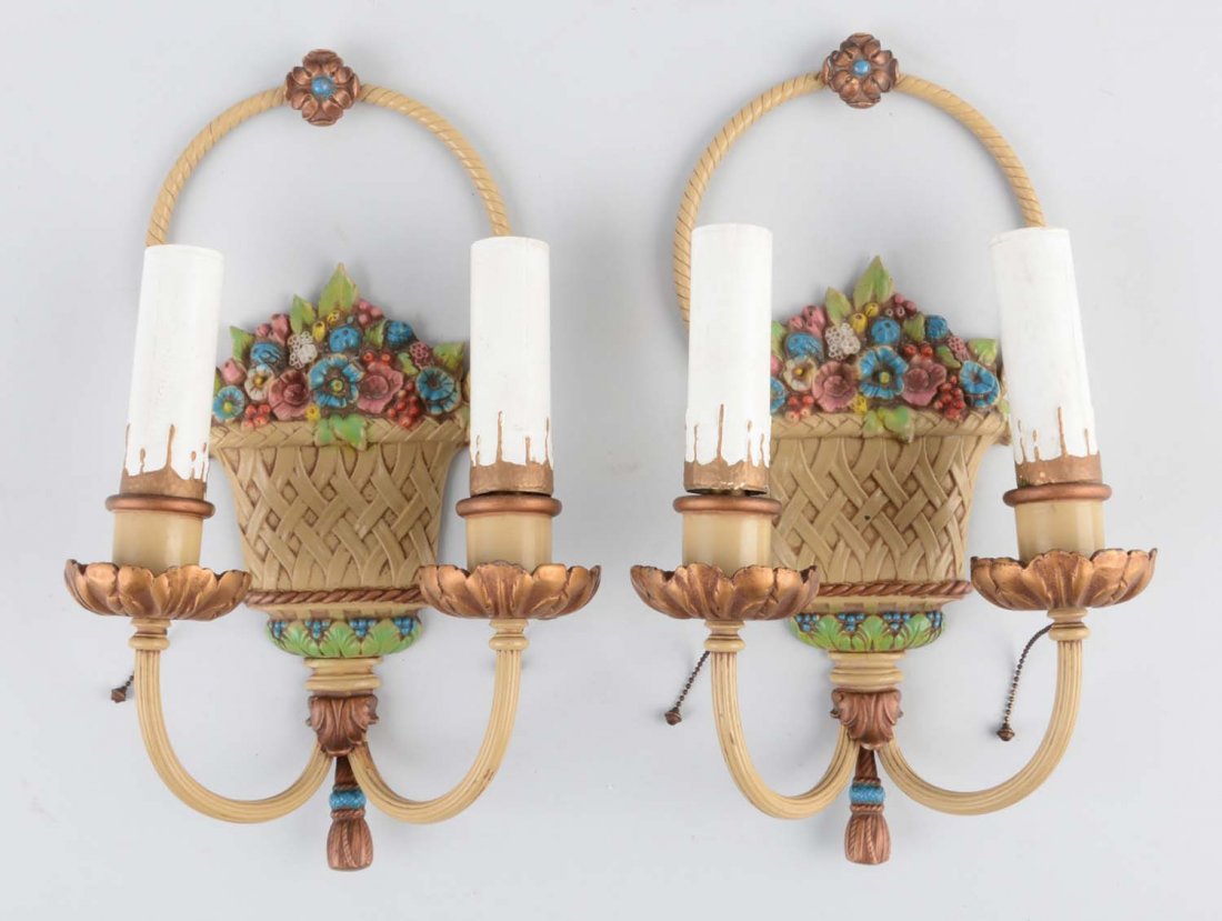 1 Pair: Cast Iron Flower in Basket Sconce Lamps. (1 of 1)