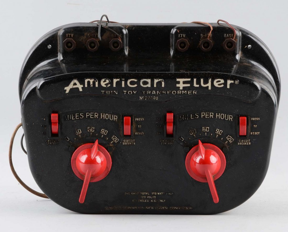 American Flyer No. 22090 Transformer.: Transformer has the ability to run two trains. 175 watts, Bakelite is in good condition. No corrosion on the base, terminal nuts are present.