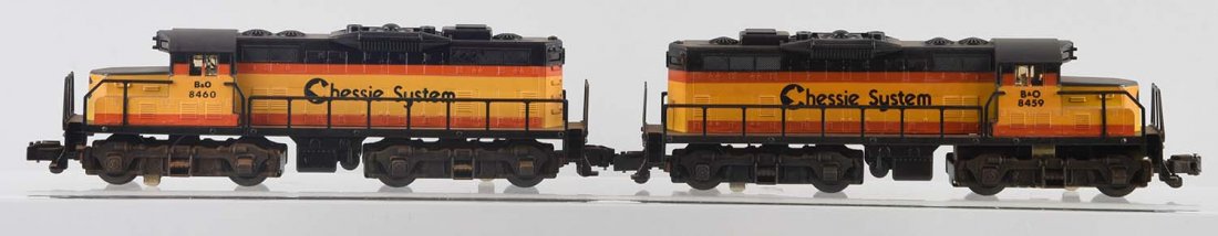Lot Of 2: American Flyer Chessie GP20 Diesel: Includes: No. 8459 and No. 8460 Chessie GP20 Diesel Locomotive - in very good condition. Should clean to a better grade.