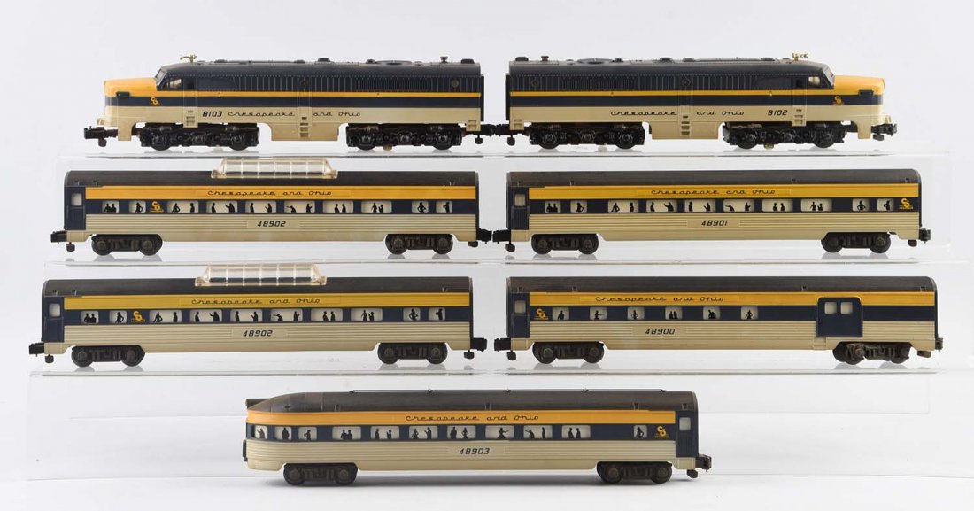 Lot Of 7: Lionel Chesapeake & Ohio Passenger Set.: Includes: No. 8102, No. 8103 Alco Units, No. 48900 Combo Car, No. 48902 Vista Dome, No. 48901 Passenger, No. 48903 Observation, 48902 Vista Dome. All are in very good condition and should clean to a b