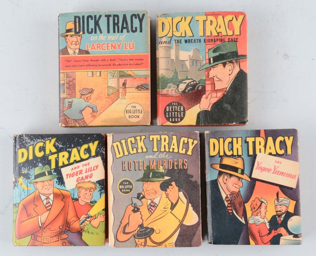 Lot Of 5: Dick Tracy Big Little Books.: Includes: "Dick Tracy on the Trial of Larceny Lu", "Dick Tracy and the Wreath Kidnaping Case", "Dick Tracy and the Tiger Lilly Gang", "Dick Tracy and the Hotel Murders" and "Dick Tracy and Yogee Yamma