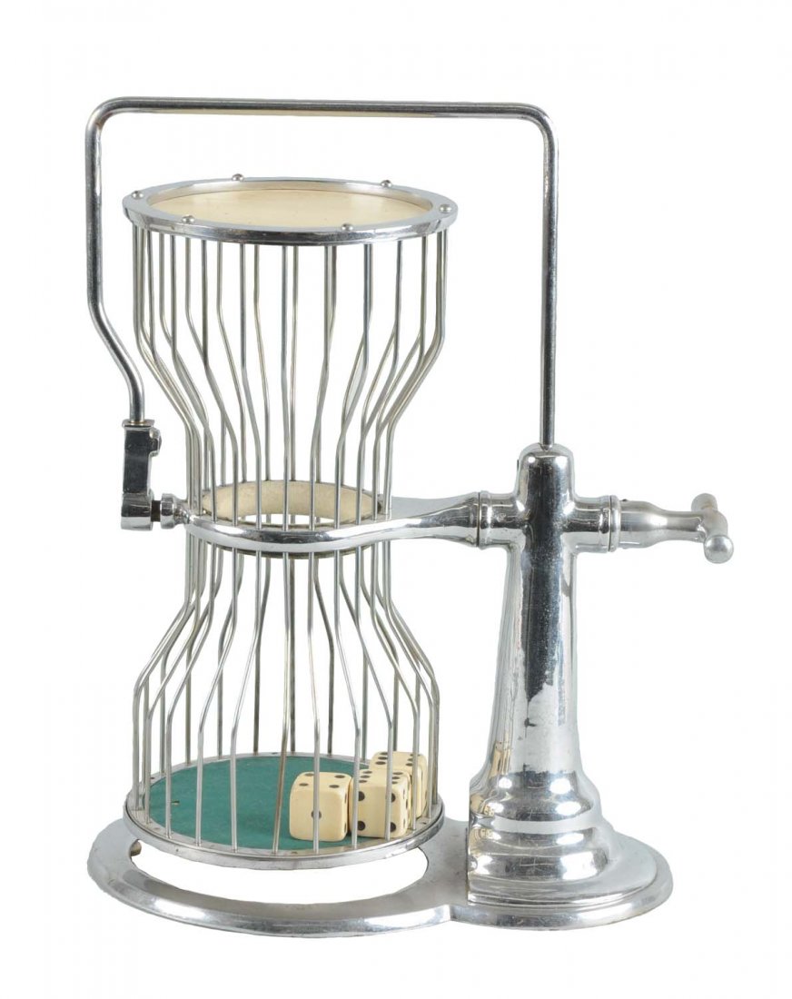 Mason & Co. Chuck-A-Luck Cage: This is a nice gambling piece made by Mason & Co. It is made of nickel plated brass. It is in very good condition with almost no pitting. This is a very nice example. (Excellent). 18 - 1/2" T.