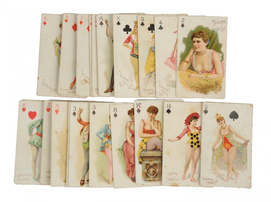 Early Trumps Long Cut Tobacco Playing Cards: 27 total. Beautifully lithographed cards with risque illustrations of Victorian women. There is some mild soiling and bend lines to some of the cards. (Very Good). 4" T.