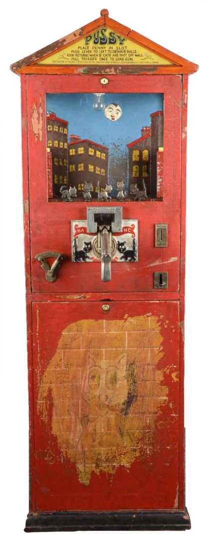 1¢ British Pussy Shooter Floor Arcade Machine: This British American Novelty Co. "Shoot the Pussy" penny arcade target shooting gallery gun game allows the player to shoot a pistol at five cats sitting on a city wall. Circa 1930s. Shows some wear,