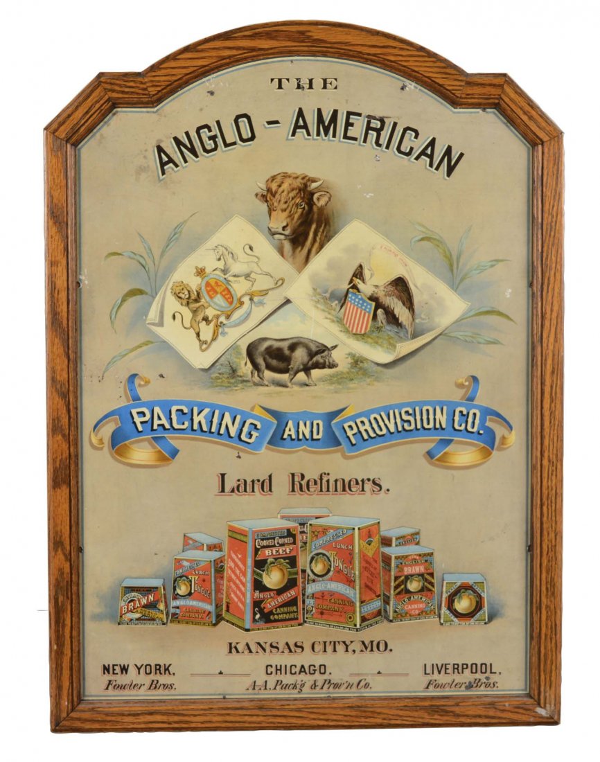 Anglo-American Packing & Provision Advertisement: Metal sign advertising "The Anglo-American Packing and Provision Co. Lard Refiners". There are 10 mounting holes punched around the perimeter of the sign. There are a few scratches and spots of paint 