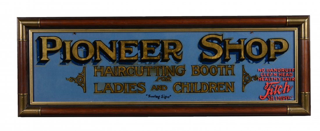 Pioneer Shop Reverse on Glass Advertisement Sign: Clear glass advertisement for "PIONEER SHOP - Haircutting booth for ladies and children". Gold and black lettering with blue shadow. The blue shadow behind the gold lettering is partially worn away. T