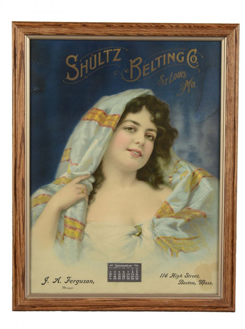 1905 Shultz Belting Co. Advertising Calendar: Lithographic calendar featuring a young lady draped in a silk wrap. There are some stains along one side and a minor blemish in the blue field near the "S" in Shultz. (Good - Very Good). 17-1/4"W. x 2