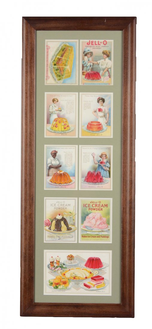 Jell-O Advertisement and Recipe Cards: A total of 9 advertisement cards from the turn of the 20th century, each featuring the famed dessert with a charming illustration. Eight of the cards measure approximately 4-1/4" x 6", the largest mea