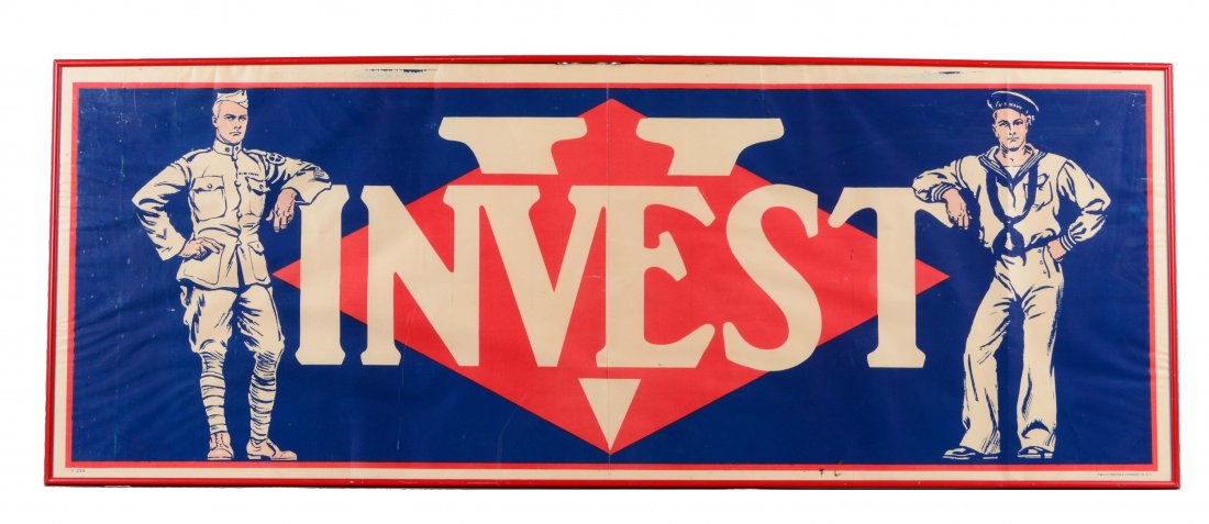 Invest Paper Advertisement: This paper advertisement, printed by The U.S. Printing & Lithographic Co., N.Y., features a blue field with a red diamond in the center, on top of which is the word "Invest", flanked on either side by