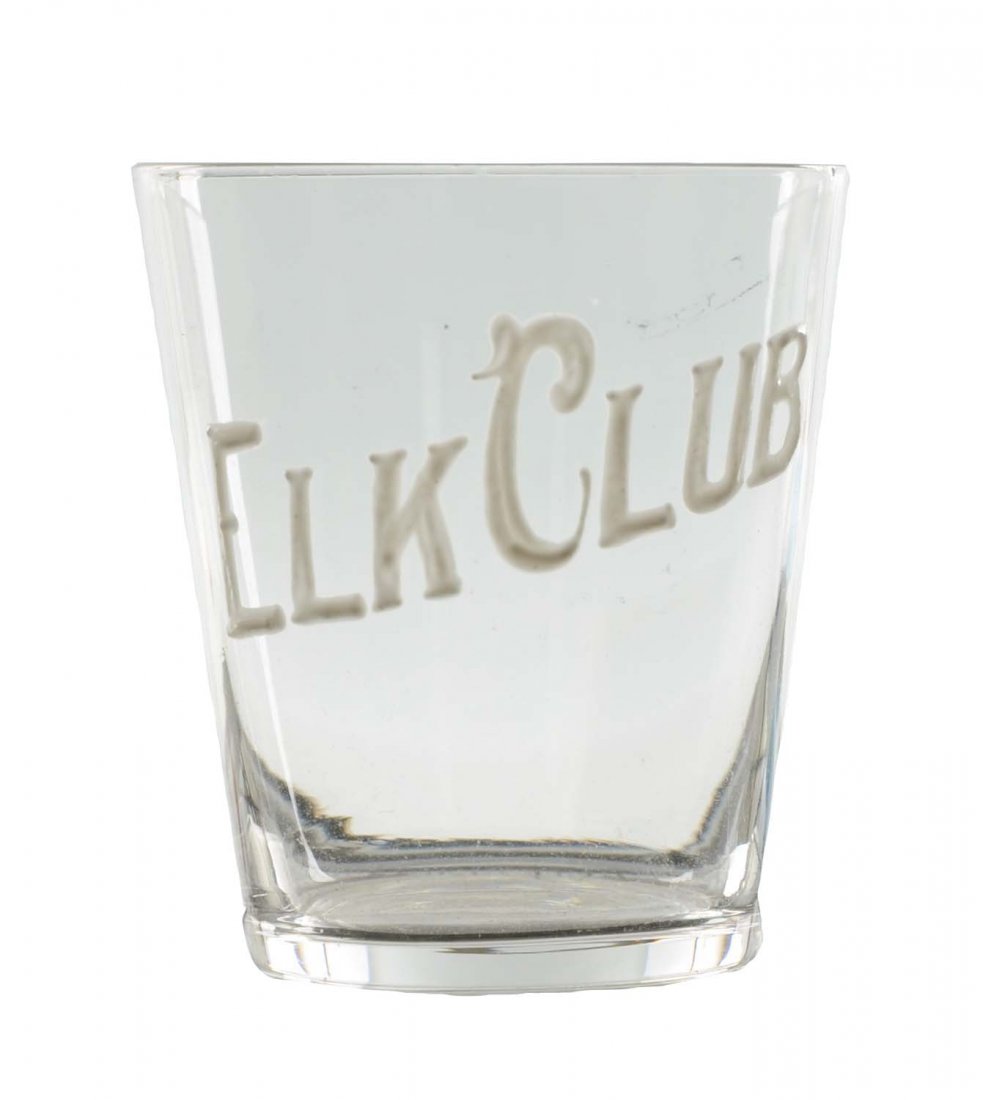 Early Elk Club Shot Glass: Enameled hand done design on the front. One tiny factory flaw on rim mentioned for accuracy. (Near Mint). 2 - 1/4" T