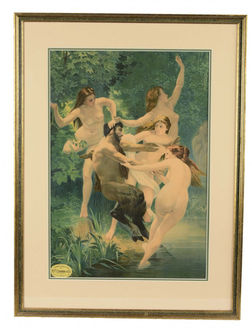 Satyr and Nymphs Lithograph: This lithograph on paper was produced compliments of H. F. Corbin & Co. of Cincinnati, OH. It features a satyr being coaxed into the water by four nude nymphs. It is nicely matted and framed. There is