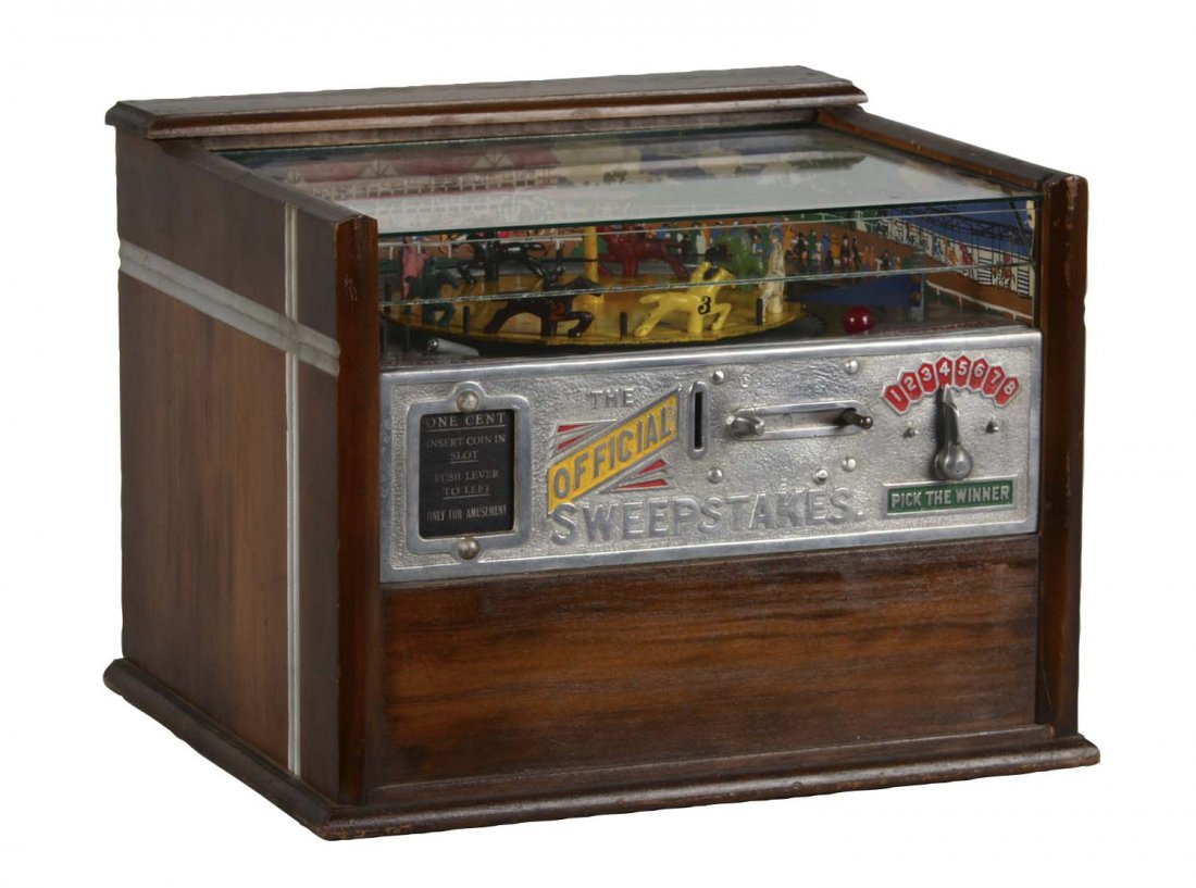**1¢ Rock-Ola Official Sweepstakes Trade Stimulator: Manufactured by Rock-Ola in 1933. This countertop, non gumball horse racing game allows the user to select which horse they think will win the race, insert a penny, pull a lever, and watch the horses 