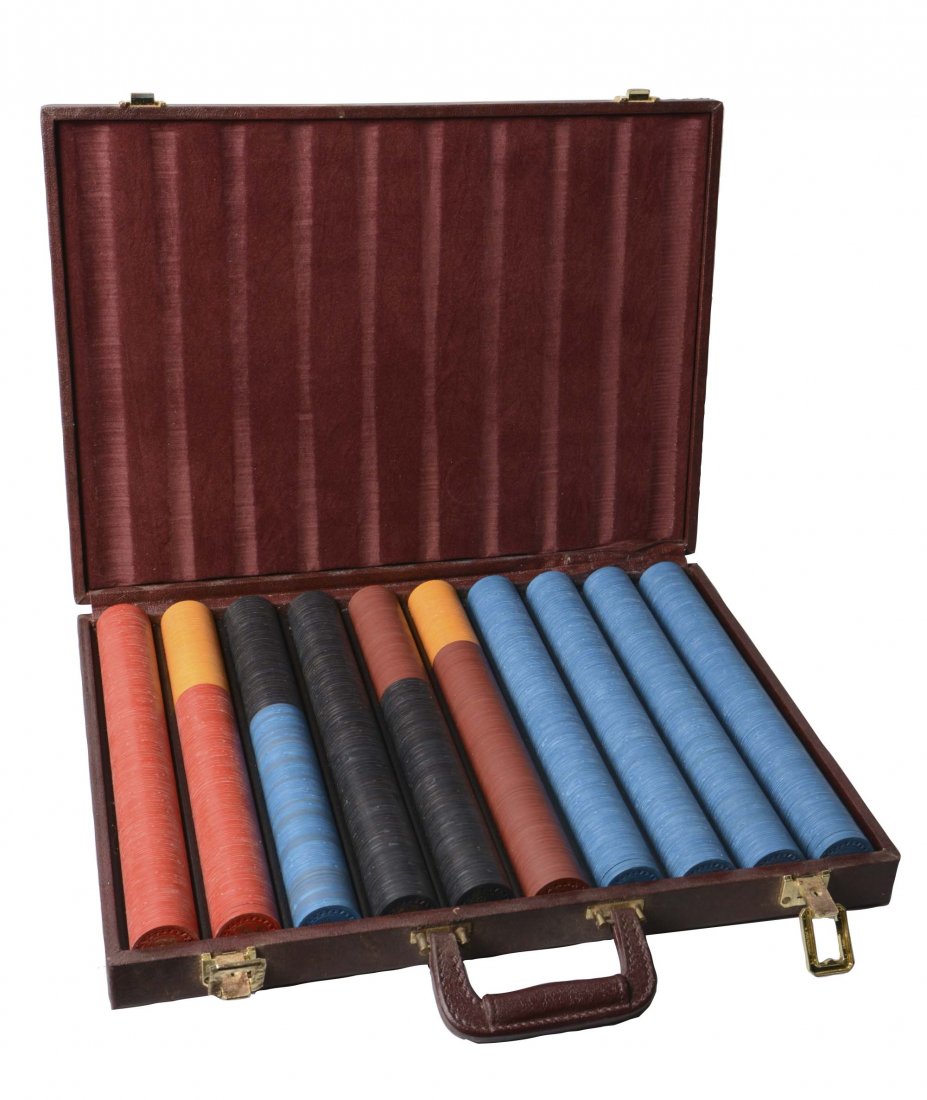 Case of Poker Chips: Cordovan brown case filled with red, blue, black, and burgundy poker chips. (Good). 2-1/2"T x 14-1/2"W x 19-1/2"L