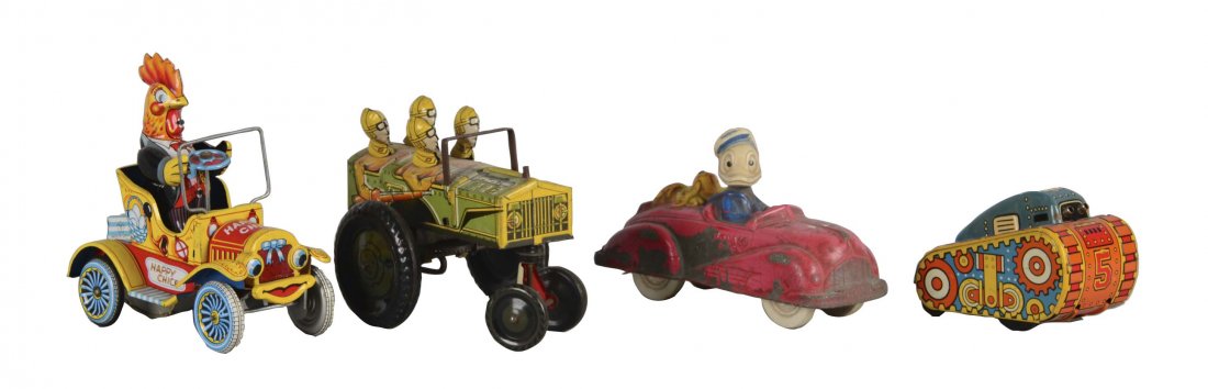 Lot Of 4: Tin Litho and Rubber Vehicle Toys (1 of 2)