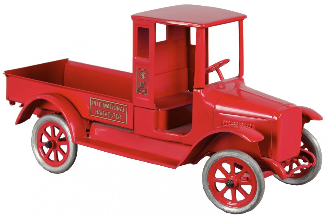 Buddy L Pressed Steel International Harvester Open-Bed: Quality restoration on this vintage truck with beautiful decals and a bright shiny finish. (Near Mint). 24"L