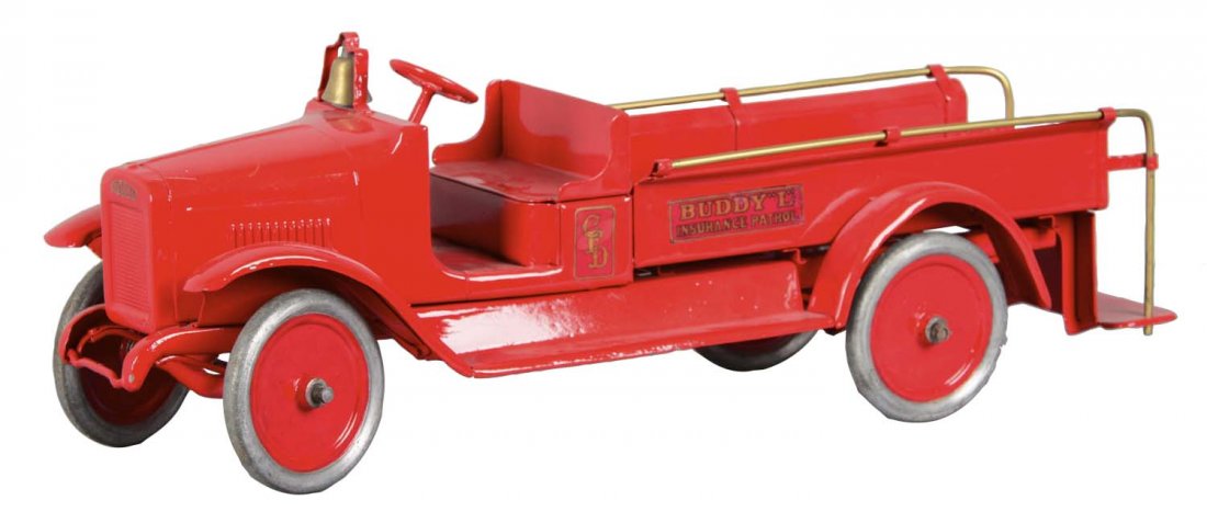 Pressed Steel Buddy L Insurance Patrol Truck: Truck retains its original wheels, fire bell, and brass railings. Has been expertly restored. (Excellent). 26" L.