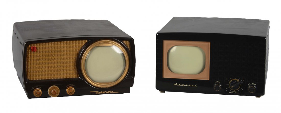 Lot Of 2: Motorola And Admiral Televisions: This lot consists of two televisions, including 1 - 1947 Motorola 7VT2 in a brown Bakelite case with a 6" screen and 1 - 1948 Admiral Model 9A111 in a black Bakelite case with a 5-1/2" screen. (Good -