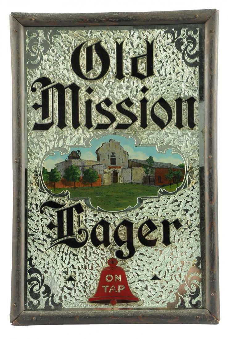 Old Mission Lager Reverse Chipped Glass Sign.: This is a great early corner sign that has its original metal frame and wood backing. Circa 1913. It is very scarce due to the fact that the company was only in business in San Diego Ca. for a few yea