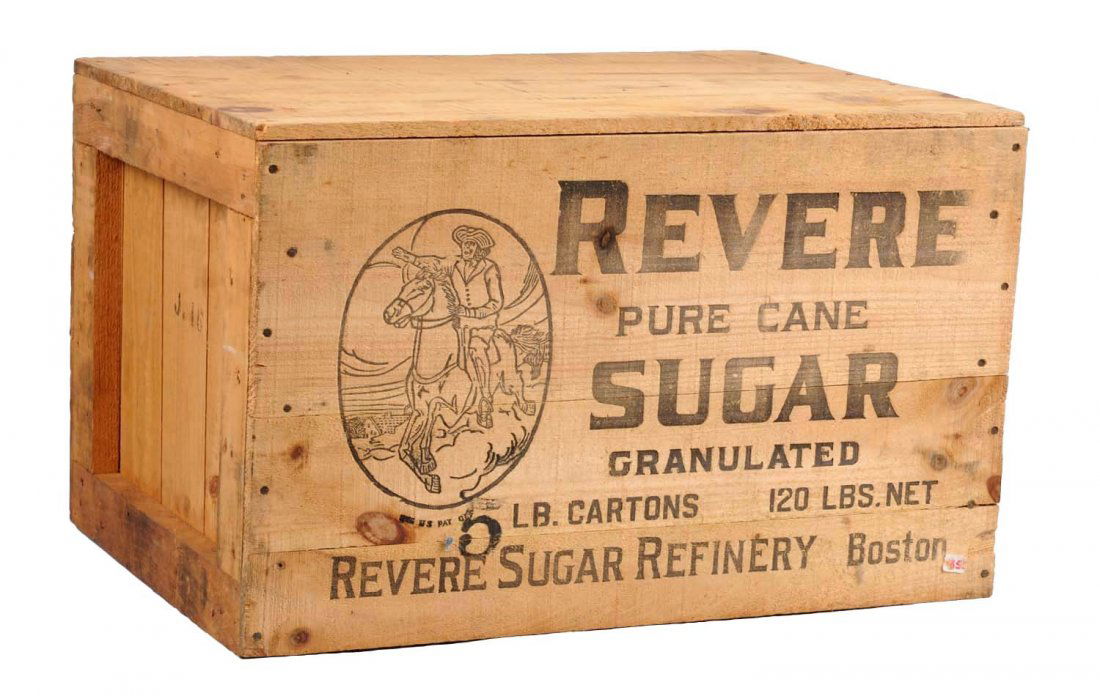 Revere Pure Cane Sugar Wooden Crate.: This crate has great stamped designs on both sides that show an image of Paul Revere. It is in very good condition with light wear and fading to one side. (Very Good). 23" L.