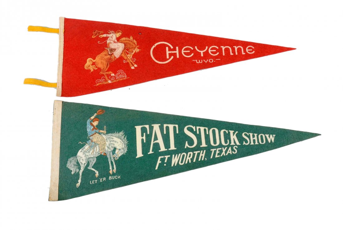 Lot of 2: Cheyenne & Fat Stock Show Advertising: These felt pennants both have a cowboy theme. The Cheyenne pennant is in very good condition but does have a small hole above the horse's head, while the Fat Stock Show is in very good condition with 