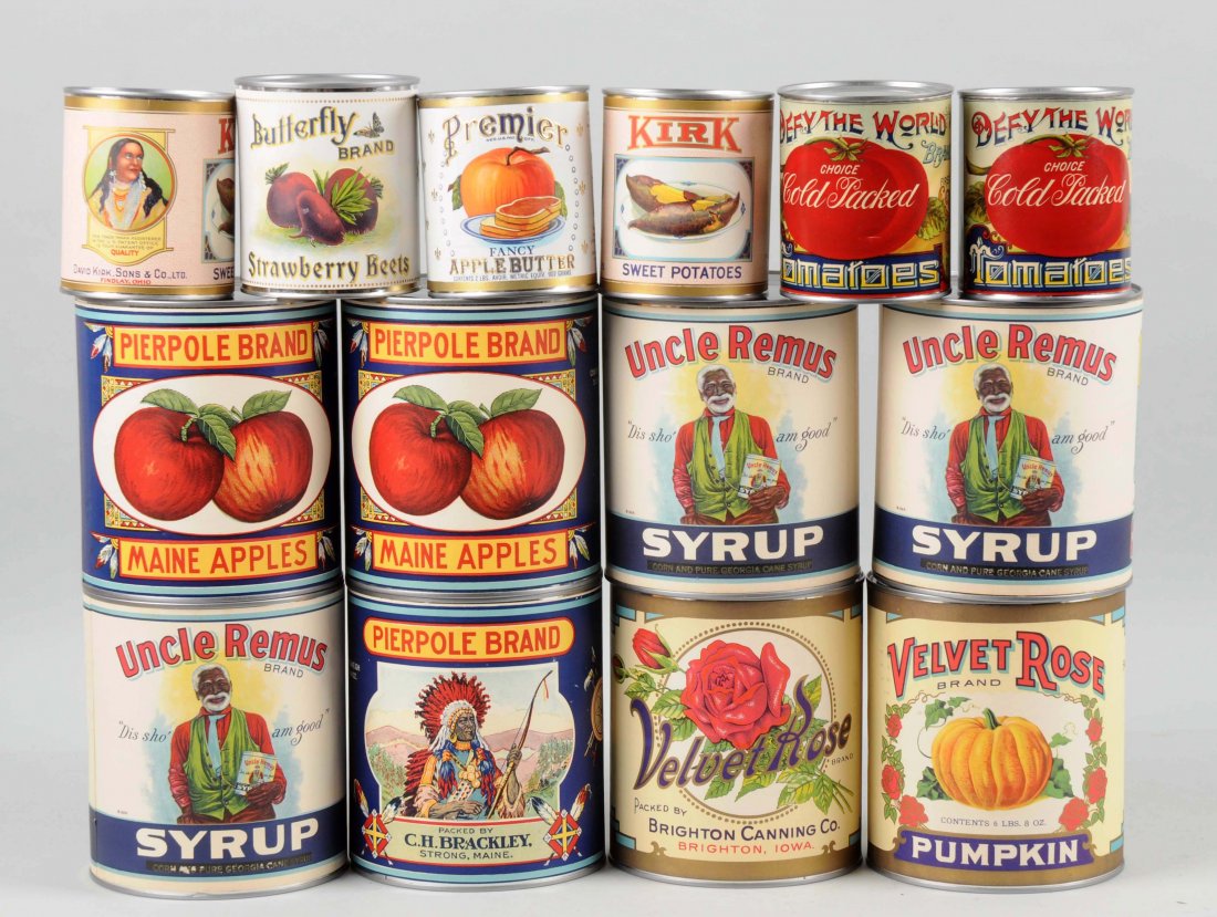 Lot of 14: Food Cans.: Included in this lot are cans from: Kirk Sweet Potatoes, Premier Fancy Applebutter, Pierpole Brand Maine Apples, Butterfly Brand Strawberry Beets, Uncle Remus Syrup and a few others. These are newer c