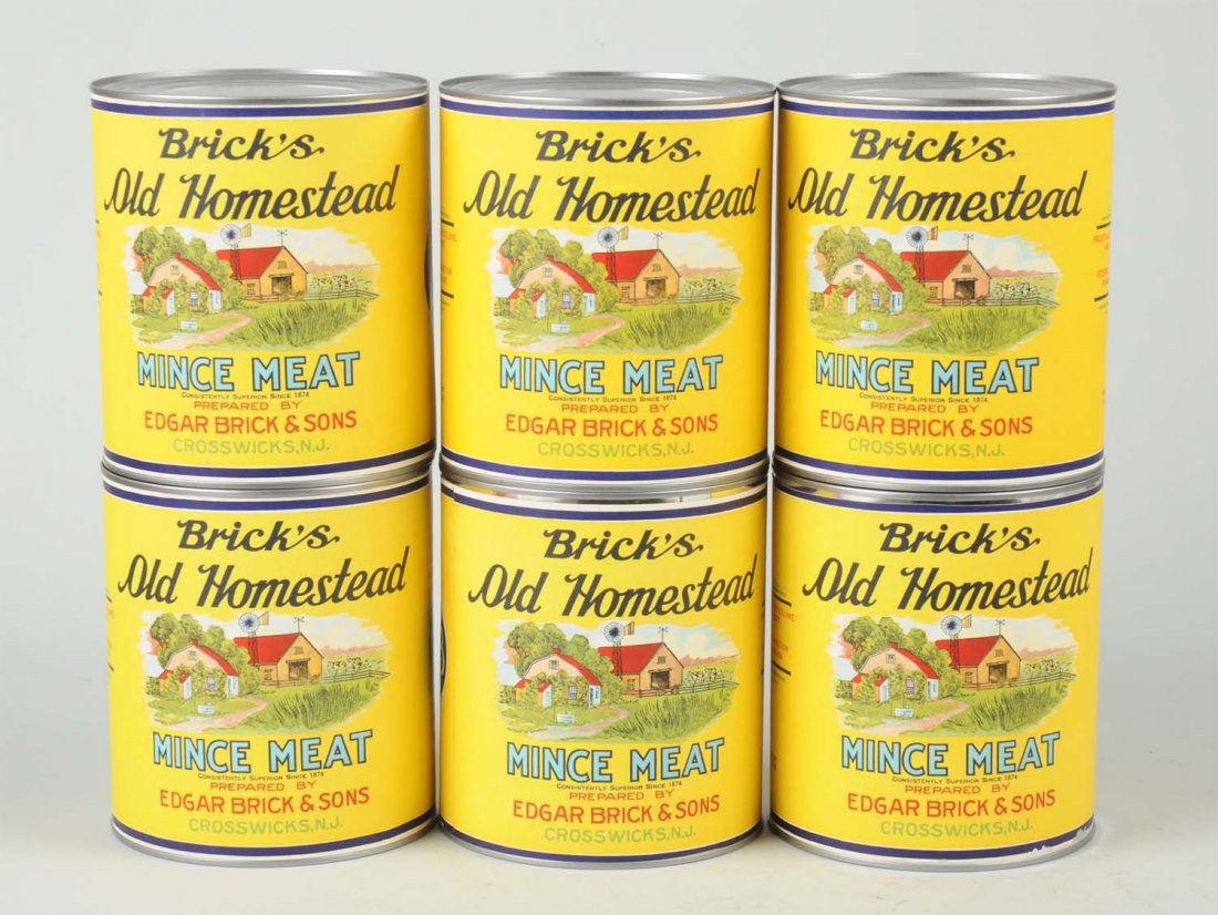 Lot of 6: Brick's Old Homestead Minced Meat Cans.: These cans are new but all have early original lithographed paper labels. The colors are vibrant and the graphic is strong, showing an early farm with a windmill. (Near Mint). Largest: 7" T.