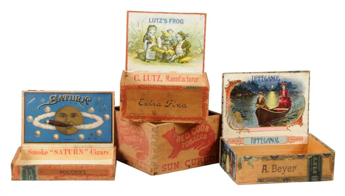 Lot of 4: Early Wooden Cigar Boxes.: The first box is from Tippecanoe. It has an inside paper label showing a man and woman fishing at dark. Box is in fair condition with the lid being separated from the box. The next box is entitled "Lu