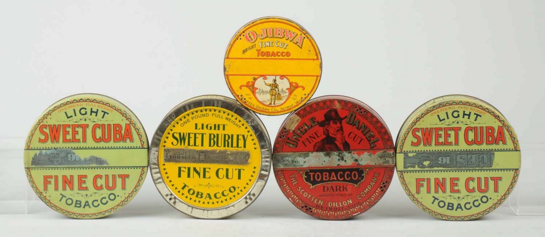 Lot of 5: Early Tobacco Tins.: Included in this lot are tins from: Ojibwa, Light Sweet Burley, two Light Sweet Cuba and Uncle Daniel Fine Cut. (Good - Very Good). Largest: 8 - 1/4" Dia.