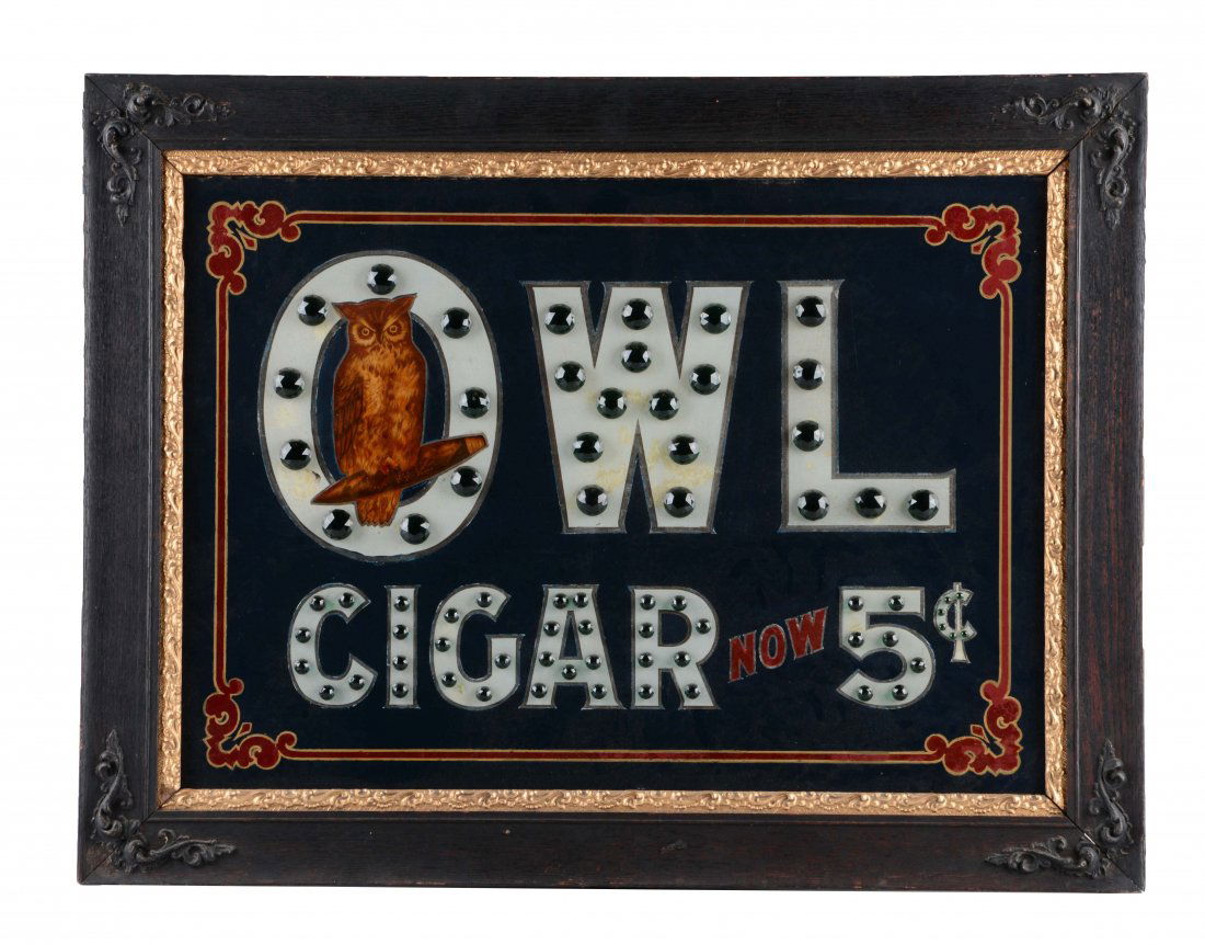 Owl Cigar Reverse Glass Jeweled Light Up Sign. (1 of 6)