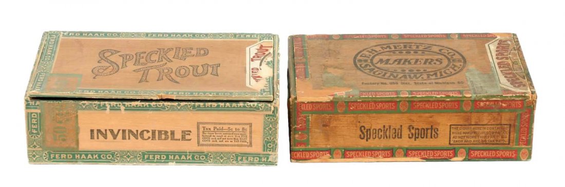 Lot Of 2: Fishing Cigar Boxes.: Included is a Speckled Sports cigar box with a great paper label which dipicts an image of a man fishing in a creek. The inside label is in great shape, the outside of the box has moderate soiling and
