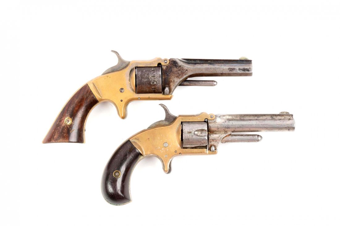 (A) Lot Of 2: Tip Up Single Action Pocket Revolvers.: Manufacturer: Gun A) American Standard Gun B) Marlin Model: Tipup Serial No. Gun A) 3108 Gun B) NSN Caliber: Gun A) .22 Gun B) .28 Barrel Length: Gun A) 3” Gun B) 3-1/8” FFL Status: Antique Compri