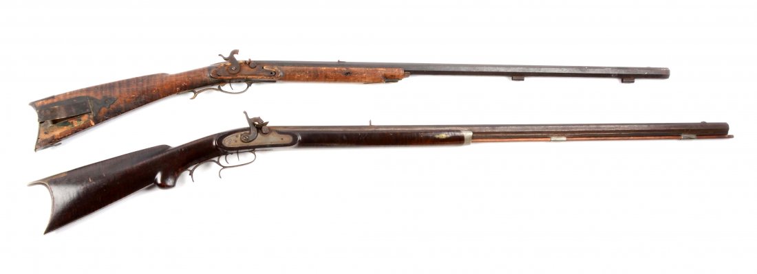 (A) Lot of Two Percussion Rifles.: Model: Percussion Rifles Caliber: A) .44 B) .36 Barrel Length: A) 35-1/2” B) 39-3/8” FFL Status: Antique Gun A) Half stock percussion rifle with octagonal rifled barrel. Flat percussion lockplate