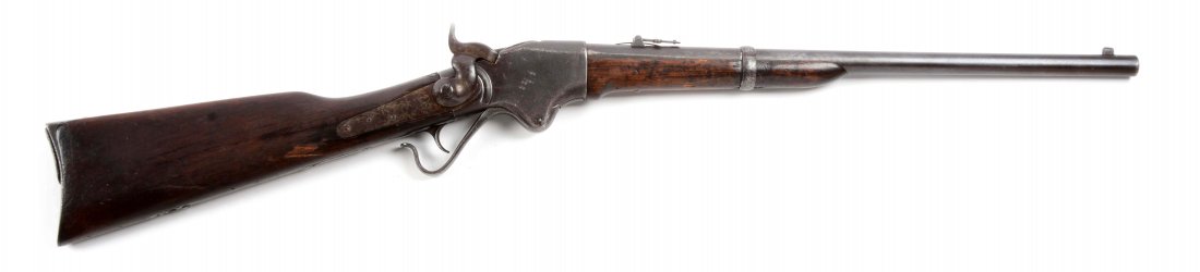 (A) Spencer Lever Action Rifle.: Manufacturer: Spencer Model: Lever Action Serial No. 59893 Caliber: .520 Barrel Length: 22” FFL Status: Antique Round barrel with barrel band and flip up adjustable sight, single shot lever action,