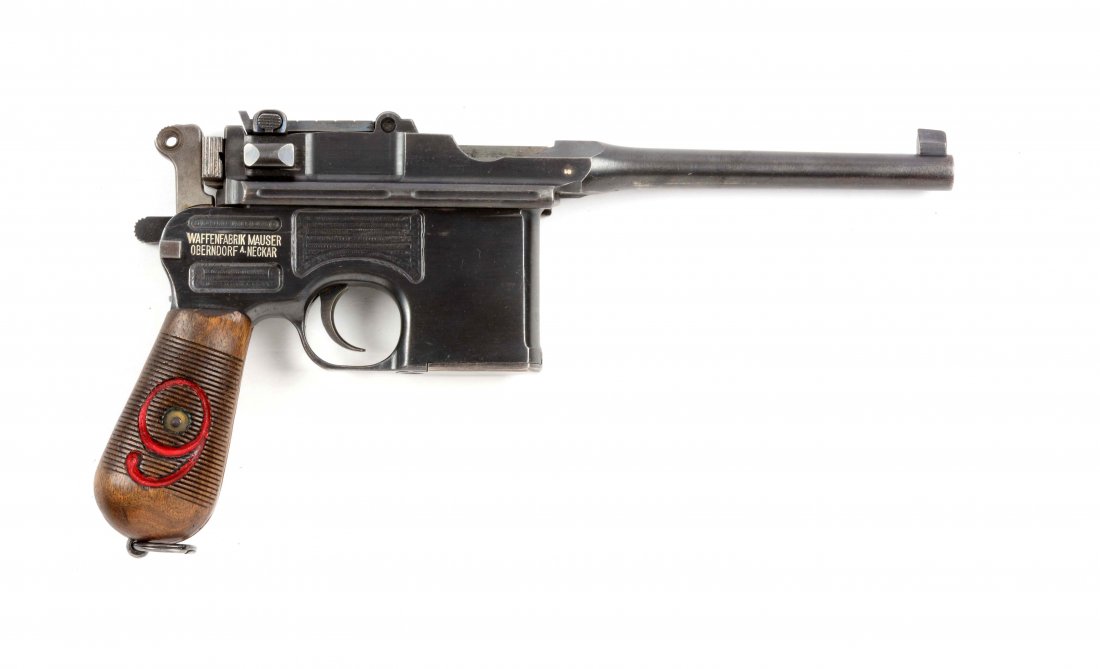 (C) Mauser Model C-96 Red 9 Broomhandle Stocked: Manufacturer: Mauser Model: Broomhandle Serial No. 47474 Caliber: 9mm Barrel Length: 5 - 1/2” FFL Status: Curio & Relic This is a standard German World War I contract “Red 9” manufactured from 1