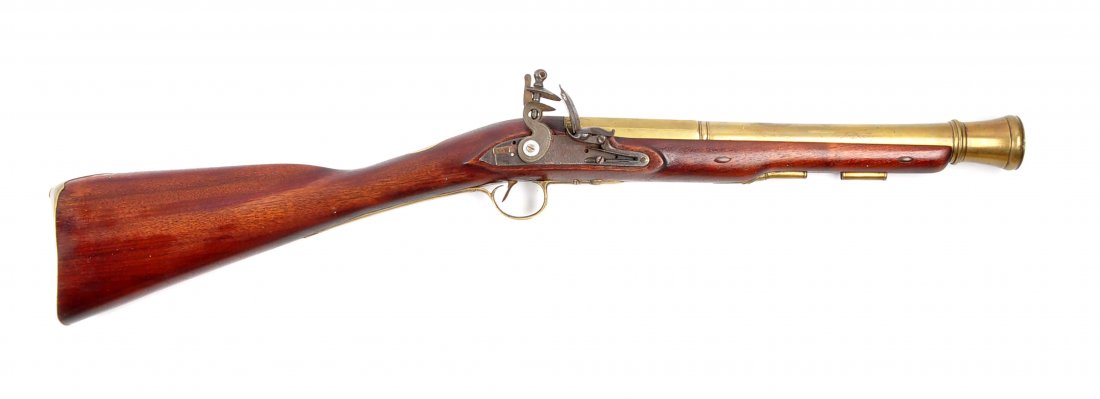 (A) English Brass Barreled Blunderbuss.: Barrel Length: 14-3/8” FFL Status: Antique Brass two-stage blunderbuss barrel with turnings at muzzle British view and proof marks; marked “DUBLIN” on top flat near breech. Military flintlock lo