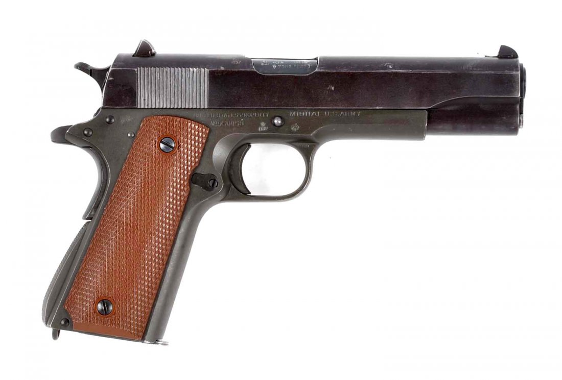 (C) Colt 1911 U.S. Army Semi-Automatic Pistol.: Manufacturer: Colt Model: 1911 Serial No. 950458 Caliber: .45 ACP Barrel Length: 5” FFL Status: Curio & Relic Manufactured in 1943. Left side of frame has the “G.H.D.” (Guy Dewey June 1942 - Jul