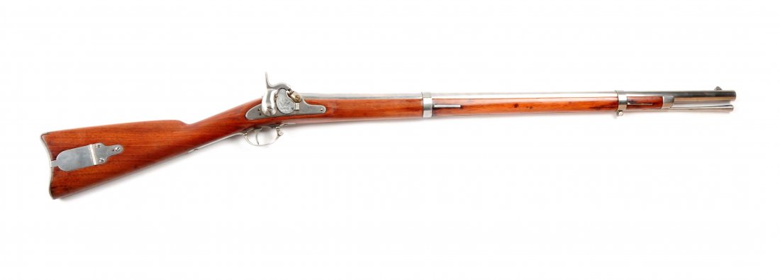 (A) U.S. Model 1855 Percussion Rifle by Harper’s Ferry.: Manufacturer: Harper Model: 1855 Caliber: .580 Barrel Length: 33” FFL Status: Antique Round, rifles barrel marked with “V/P” over eagle’s head near breech on left side. Missing rear sight and 