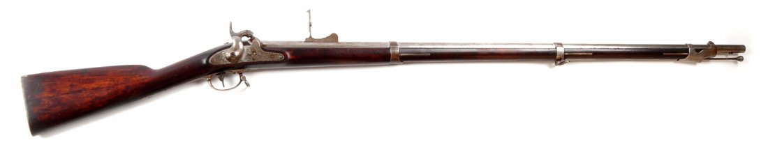 (A) Springfield 1851 Cadet Rifle.: Manufacturer: Springfield Model: 1851 Caliber: .600 Barrel Length: 40” FFL Status: Antique Rifled steel barrel stamped “V/P/Eagle’s head” near breech, bayonet lug mounted on underside, near mu
