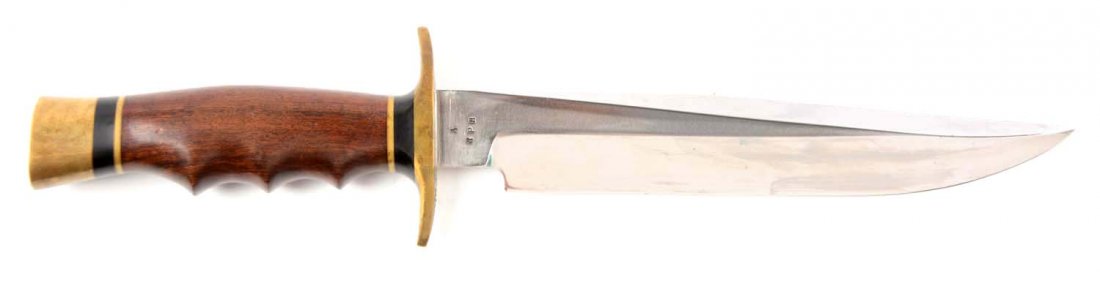 Ralph Bowie Fighting Knife.: Knife: 15” L. R.P.B. custom fixed blade fighting knife with an 8” saber ground clip point blade, overall length is 13”. Brass mounts with finger notched hard wood handle. Complete with correct l