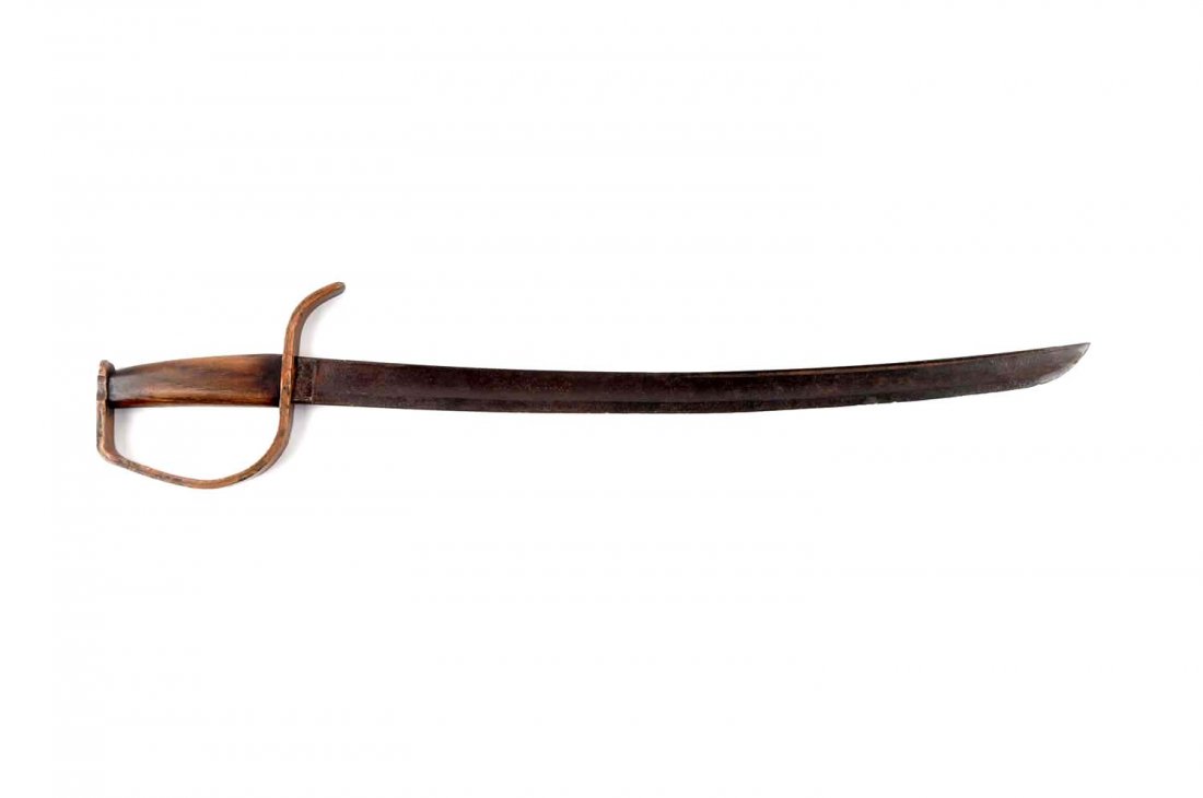 Confederate D-Guard Cutlass marked Columbia, S.C.: Blade Length: 21-1/2” 26 - 1/2” L. (Overall) Curved blade with large single fuller, stamped “Columbia, S.C.” on left side at top. Thick copper D-shaped guard with tapered wood grip. Good condi