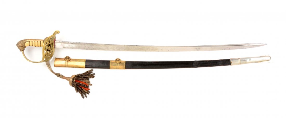 19th Century Dutch Naval Officer’s Sword.: Blade Length: 32-3/4” Overall Length: 38-1/4” Curved blade with rounded spine extending into tip towards end, acid etched with a ship scene, scrolls, and large naval anchor on right side and the s