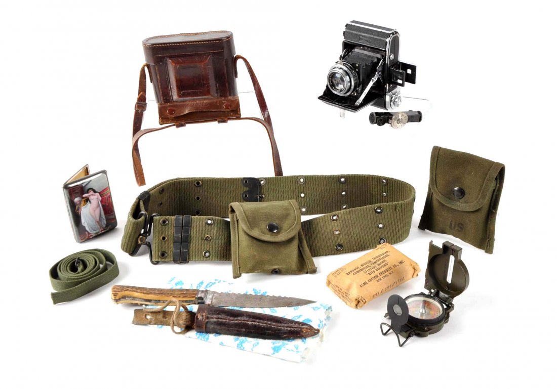 Lot Of 8: German and U.S. Miscellaneous Items.: Largest: Approx: 16” L. Lot contains Zeiss Eikon camera in case, hunting knife, cigarette case, and other miscellaneous army field gear.