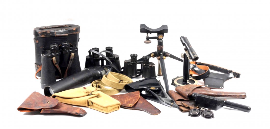 Lot Of Military Optics and Holsters.: Lot includes; two 1943 USN binoculars, USN drift sight, spotting scope, M1892 holster, and misc. holsters.