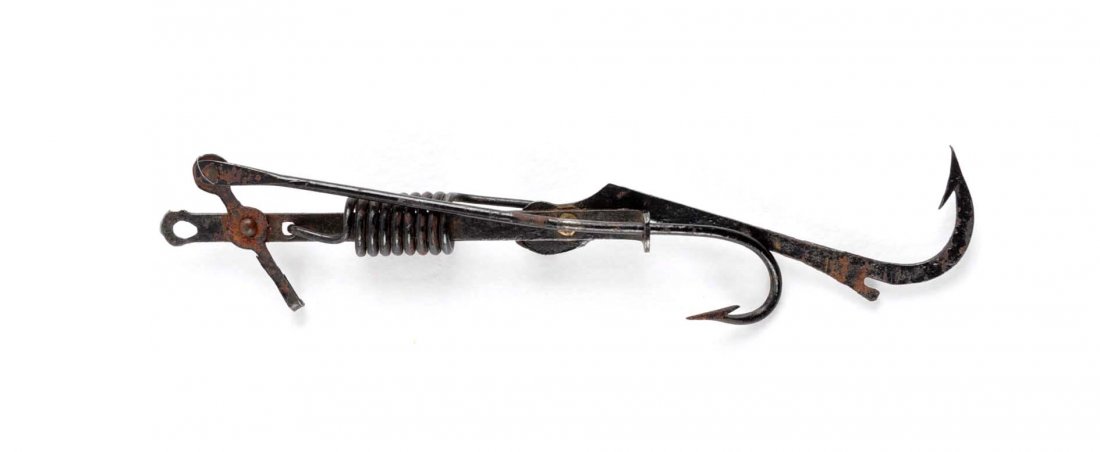 Ca. 1847 Sockdolager Spring Loaded Fish Hook.: Patented by Job Johnson of Brooklyn, NY., this is the smallest unmarked and earliest 3” version of the Sockdolager as noted by its rectangular bar (vs. wire bar) used to hold and set the hook. This