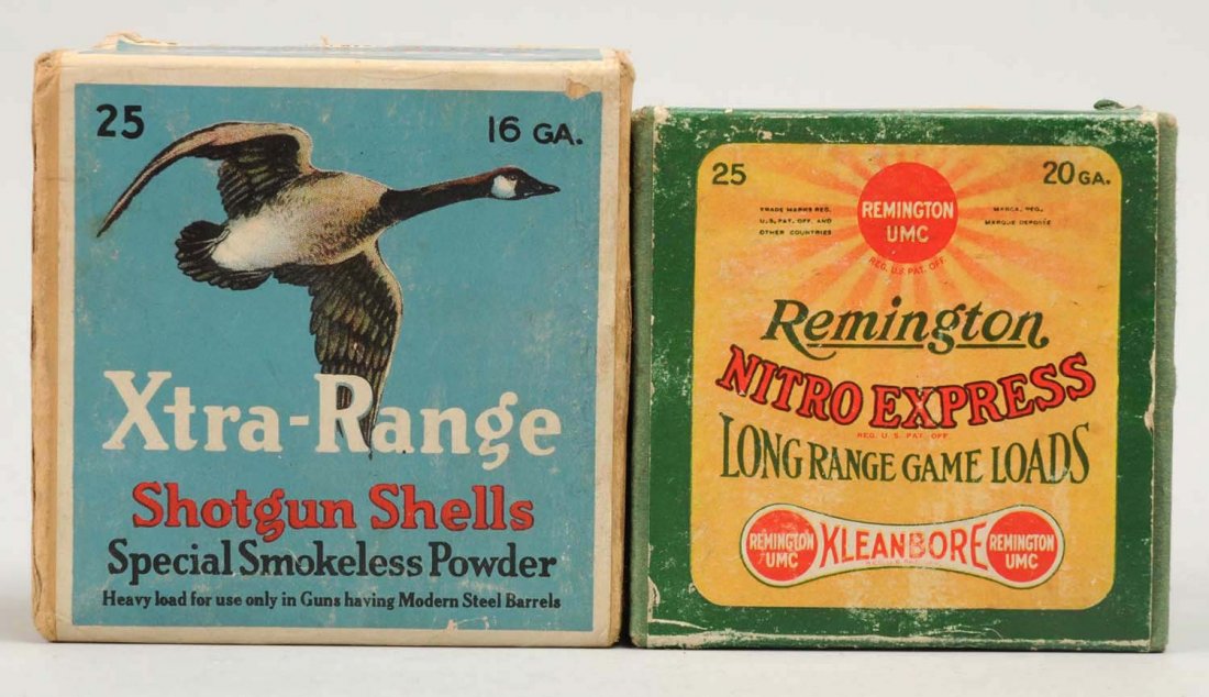 Lot of 2: Sears & Remington Full Boxes.: Sears Roebuck Xtra-Range 16 gauge, full and correct, missing 1” of the label on the end, second tape repair inside top. Remington Long Range Game Load 20 gauge, full and correct. (Very Good). CORREC