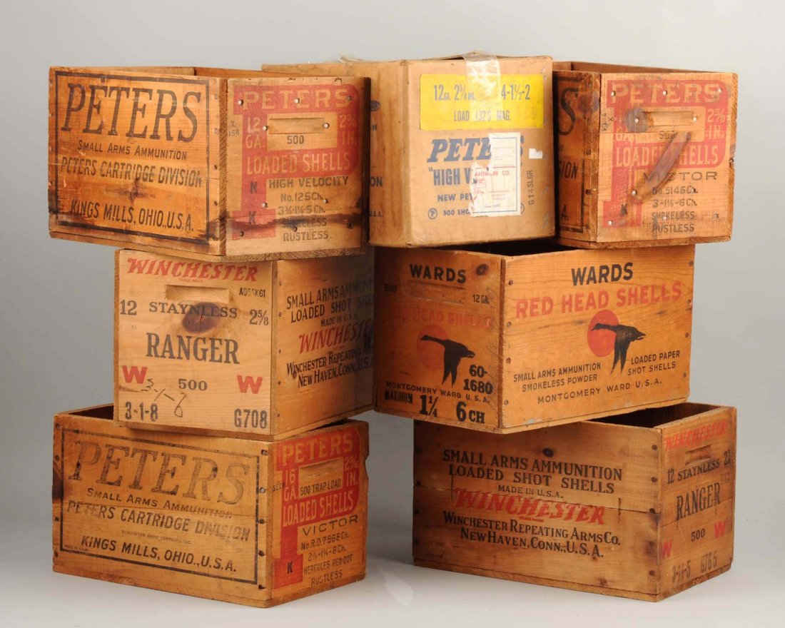 Lot of 7: Wooden Ammunition Crates.: Three Peters King Mills Crates. Peters Cartridge Division King Mills, Ohio 12 and 16 gauge crates; one Peters cardboard 12 gauge High Velocity box; a Ward’s “Red Head” 12 gauge; and two Winchest
