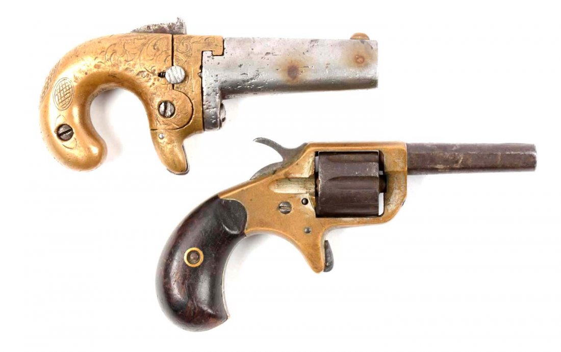 (A) Lot Of 2: Colt Pistols.: Manufacturer: Colt Model: No. 1, New Line Serial No. NSN, 24347 Caliber: .41, .22 Barrel Length: Each: 2 - 1/2”, 2 - 1/4” FFL Status: Antique Comprising: (A) Col No. 1 Deringer. Steel barrel with 