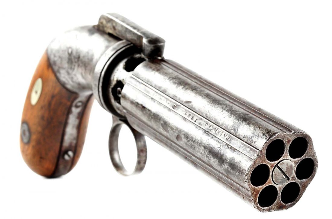 (A) Allen's Patent Pepperbox Pistol.: Manufacturer: Allen’s Model: Pepperbox Caliber: .320 Barrel Length: 4” FFL Status: Antique Six round smoothbore barrels separated with solid ribs, one rib marked “PATENTED 1887 CAST STEEL” dou