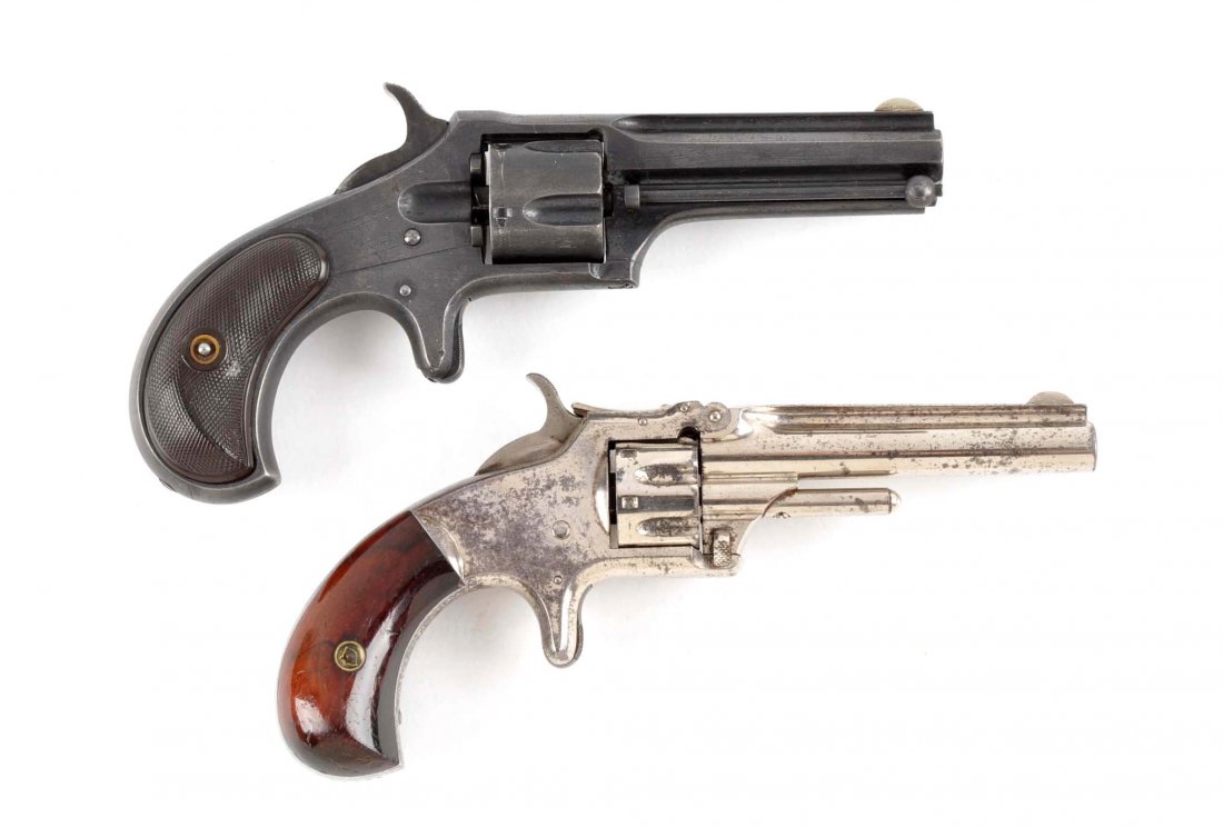 (A) Lot of 2: Antique Spur Trigger Revolvers.: Manufacturer: A) Remington B) Smith & Wesson Model: A) New Model B) Model 1 Serial No. A) NSN B) 99880 Caliber: A) .22 Short B) .38 Rimfire Barrel Length: A) 2-3/4” B) 3” FFL Status: Antique A) Ma