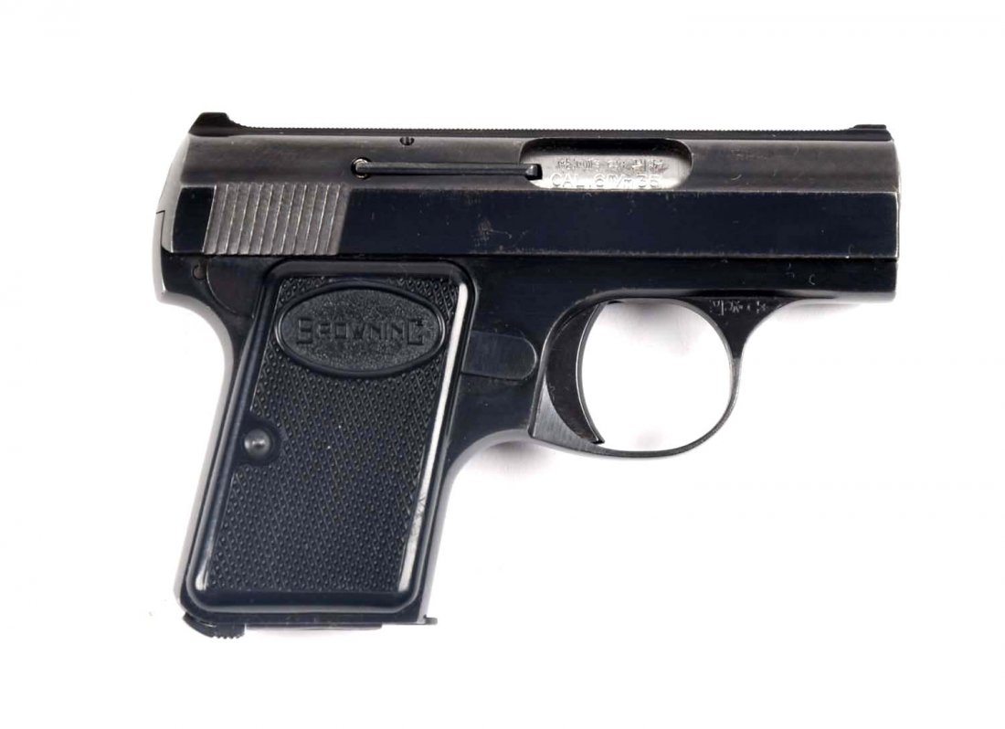 (C) Belgian Baby Browning Semi Automatic Pistol with: Manufacturer: Browning Model: Baby Serial No. 361692 Caliber: 6.35mm Barrel Length: 2” FFL Status: Curio & Relic Manufactured in 1966. Blued slide with serraed rib on top, Browning markings on left 